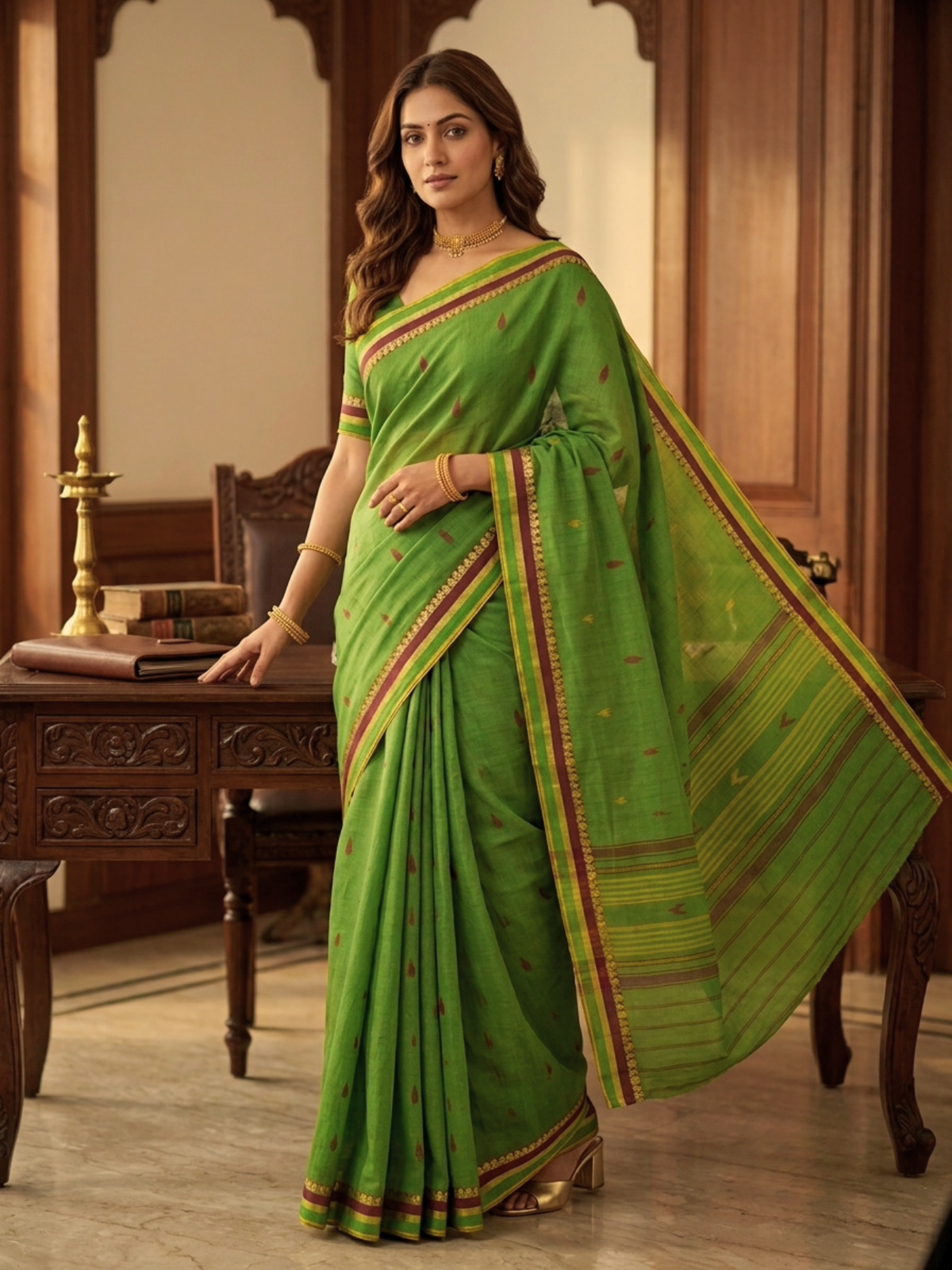 Siddhi Limegreen Dhaniakhali Saree