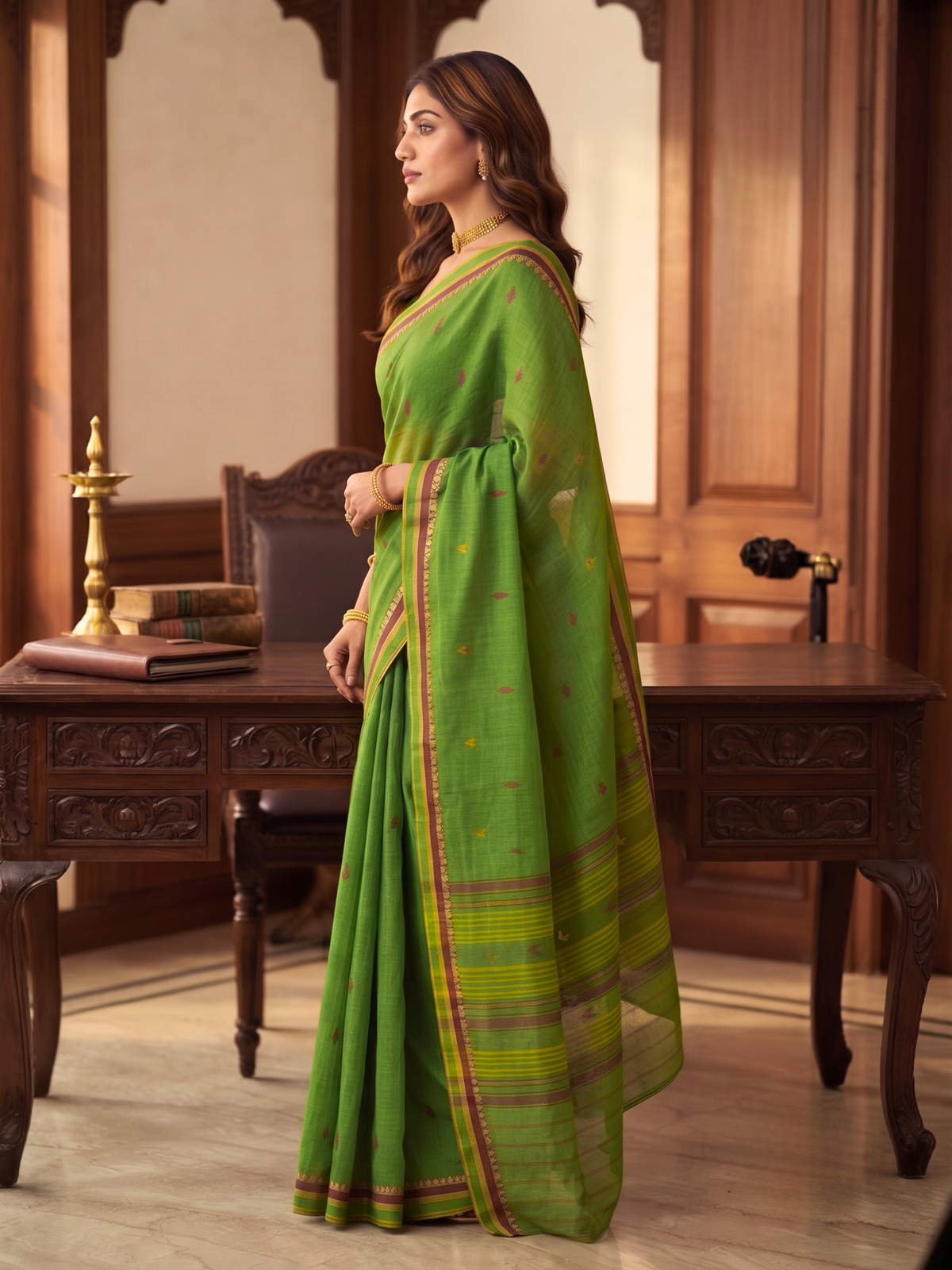 Siddhi Limegreen Dhaniakhali Saree