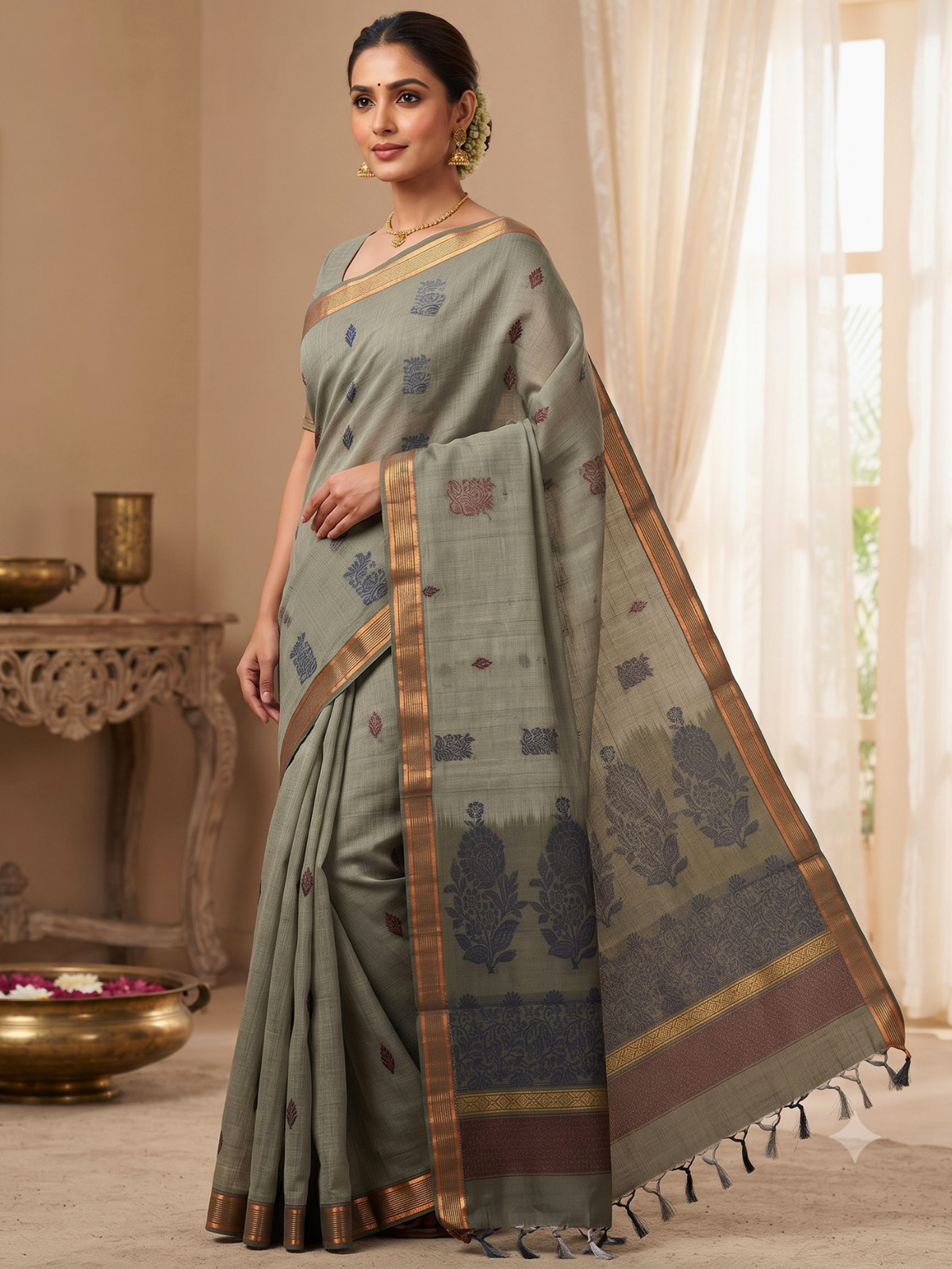Grey Negamam Cotton Saree