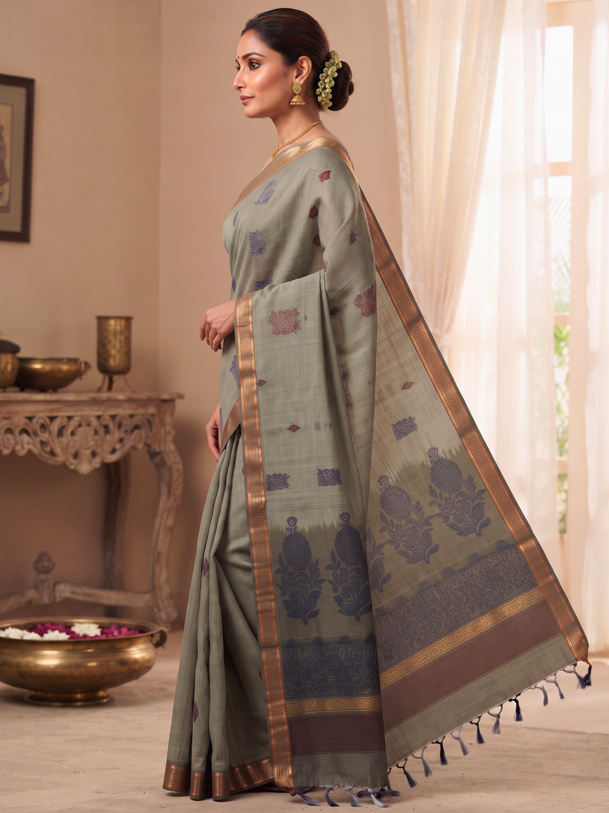 Grey Negamam Cotton Saree