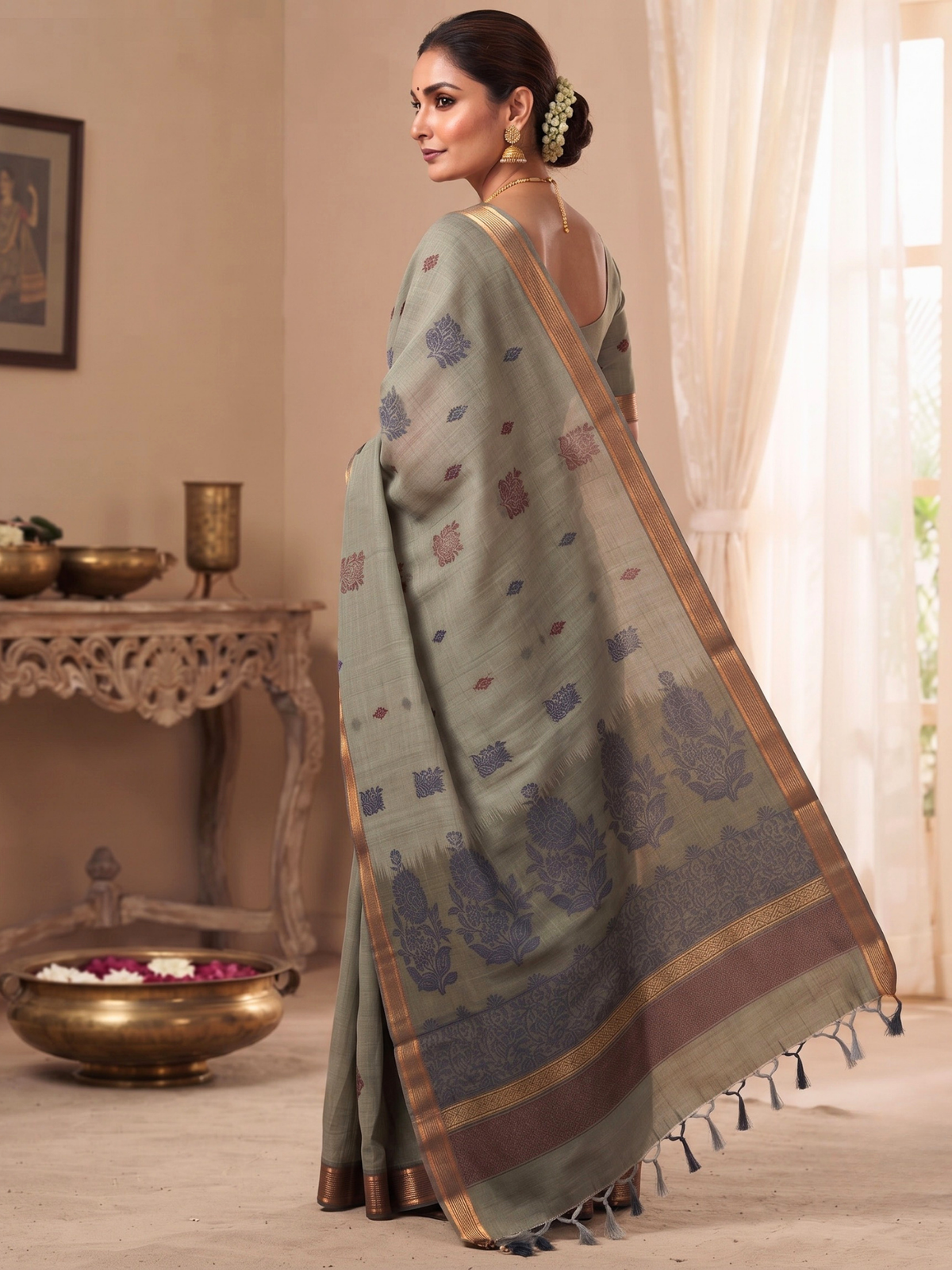 Grey Negamam Cotton Saree