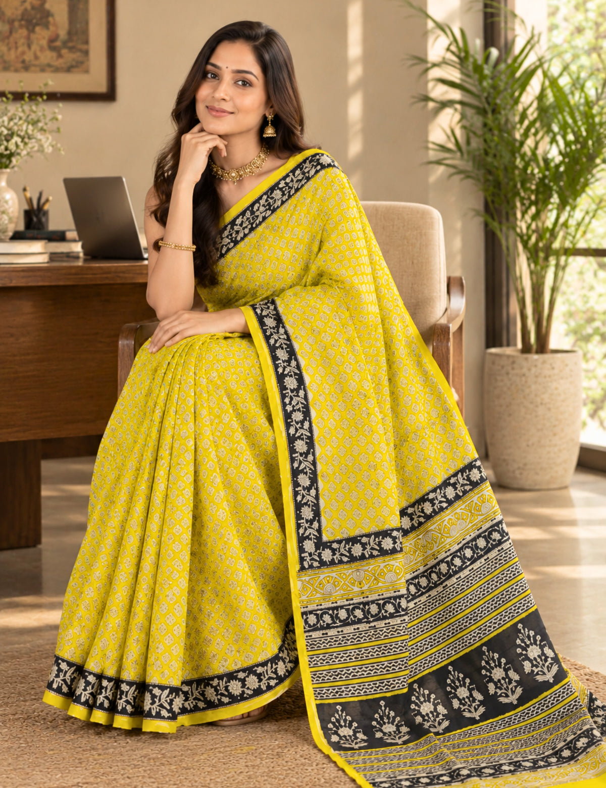 Prayaga Yellow Bagru Saree
