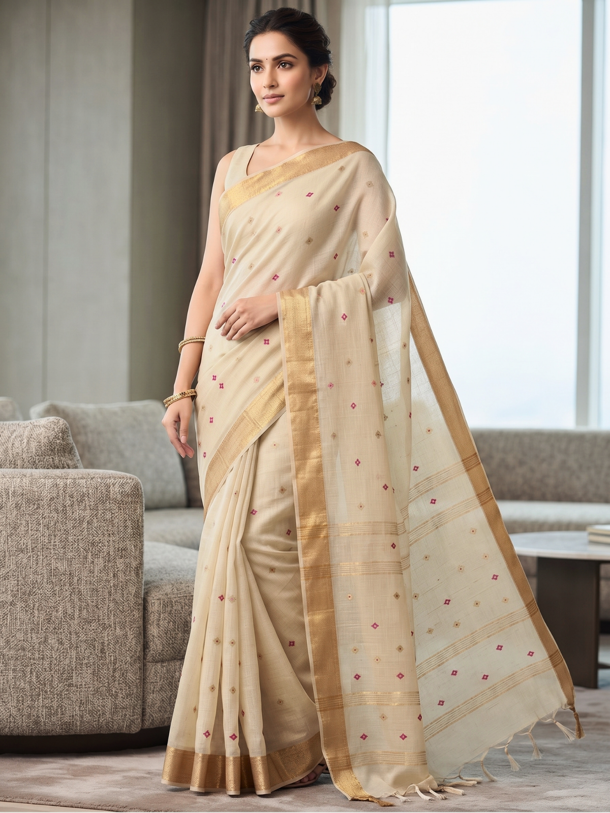 Madhura Beige Bengal Handloom Saree