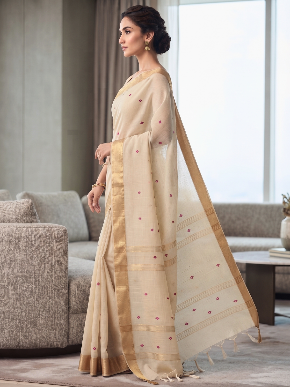 Madhura Beige Bengal Handloom Saree