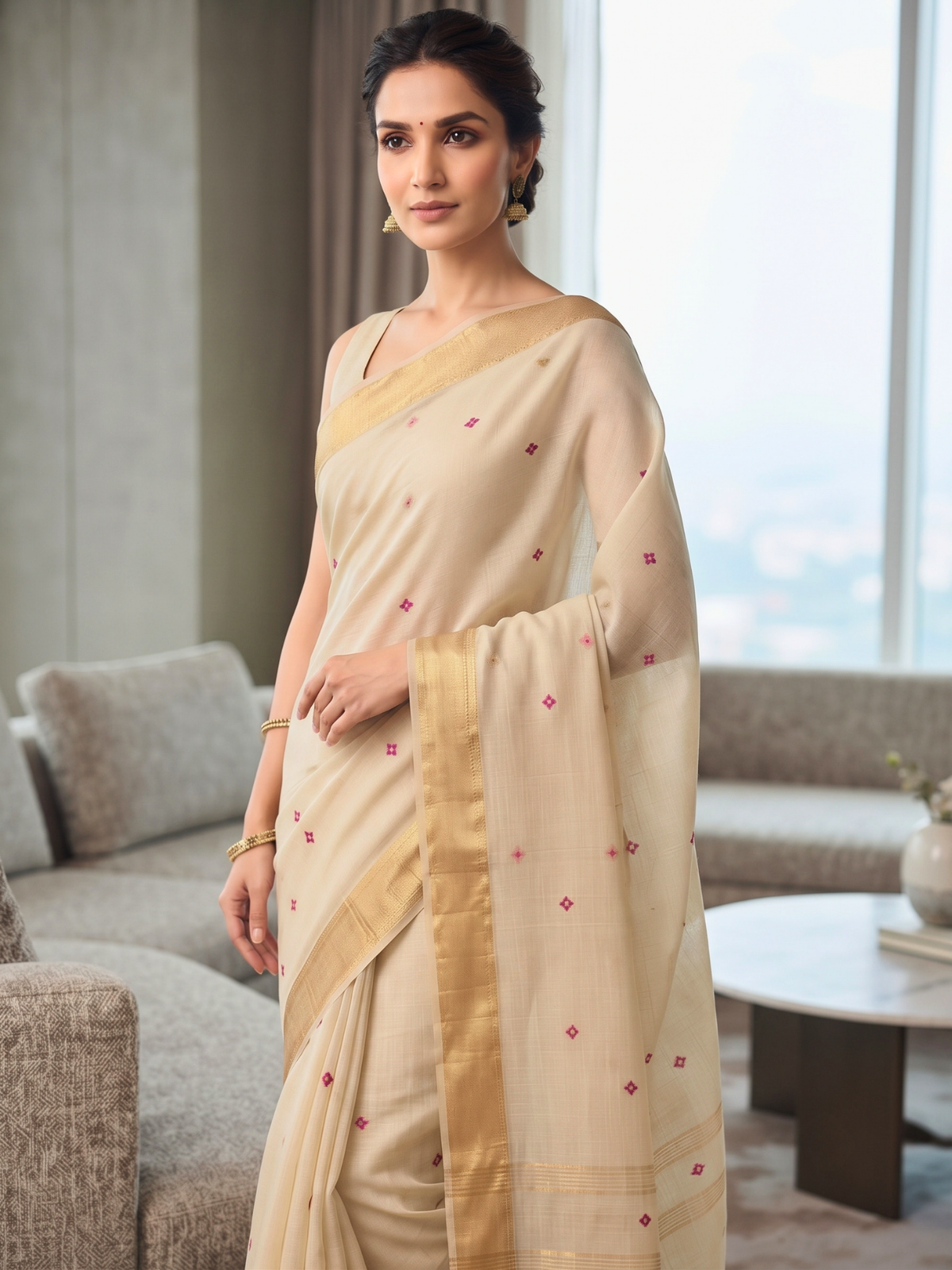 Madhura Beige Bengal Handloom Saree